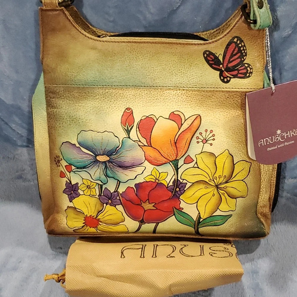 Anuschka nwt handpainted leather butterfly double strap zip around shoulder bag - Picture 2 of 10